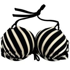 Victoria's Secret Push Up Bra Bikini Top Halter Striped Black Cream 34DD