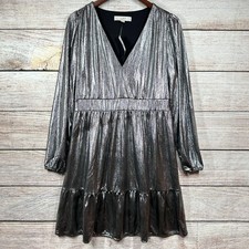Loft Dress Womens Size 12 Silver Metallic Shimmer Ruffle V-Neck Long Sleeve NWT