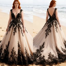 Plus Size Champagne With Black Wedding Dresses Deep V Back A Line Bridal Gown