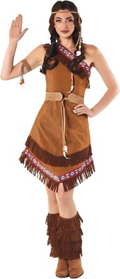 Indianerin Damen Kostüm in Wildleder-Optik Braun Kleid mit Fransen Gürtel Haarband Squaw Western Wilder Westen