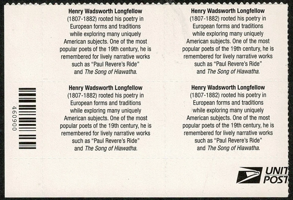 USA 2007 39c Henry W Longfellow Sc 4124 Plate Block of 4 Superb NHM From My Coln - Image 2 of 2