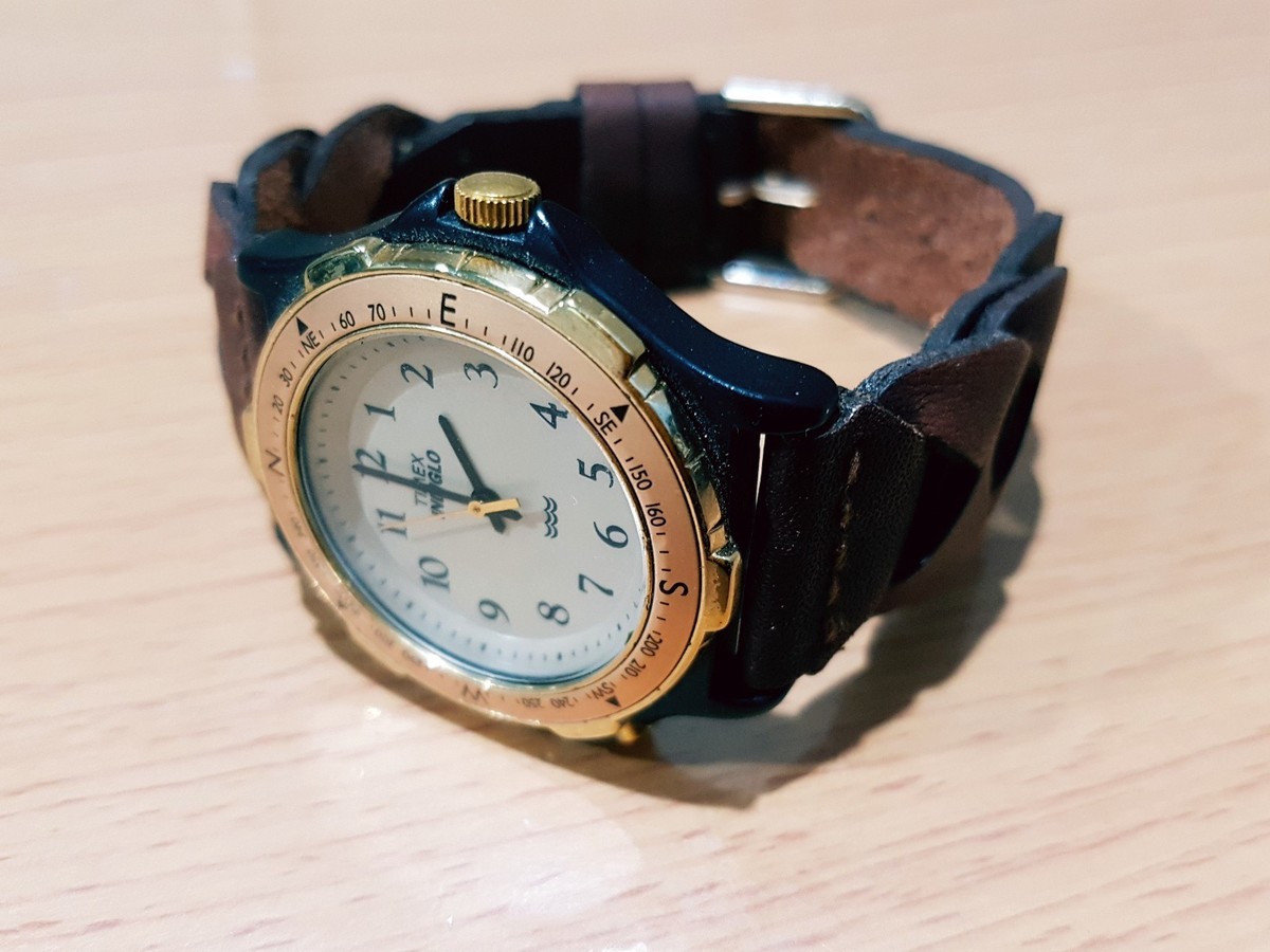 Vintage Timex INDIGLO Gold-Black Genuine Brown Leather Watch