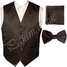 BROWN MEN'S Solid Vest Waistcoat and Bow Tie Set Suit or Tuxedo Formal Party