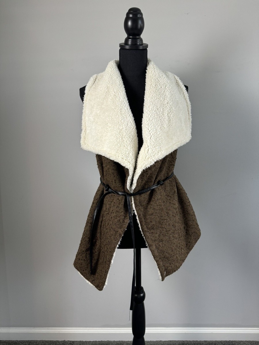 Love Tree Faux Fur Sherpa Vest Size Small Cream/Brown Tweed