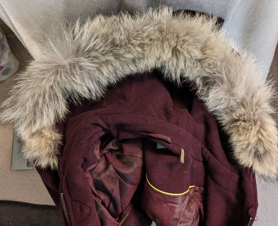 Andrew Marc 连帽羊毛大衣,土狼皮草,栗色,8 码 — 第 4/4 张图片