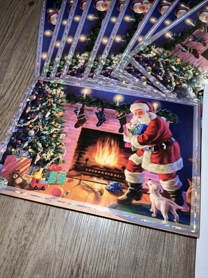 10 Christmas Greeting Cards Santa Tree Gold Foil Lined Envelopes Vintage Magic - Image 2 of 4