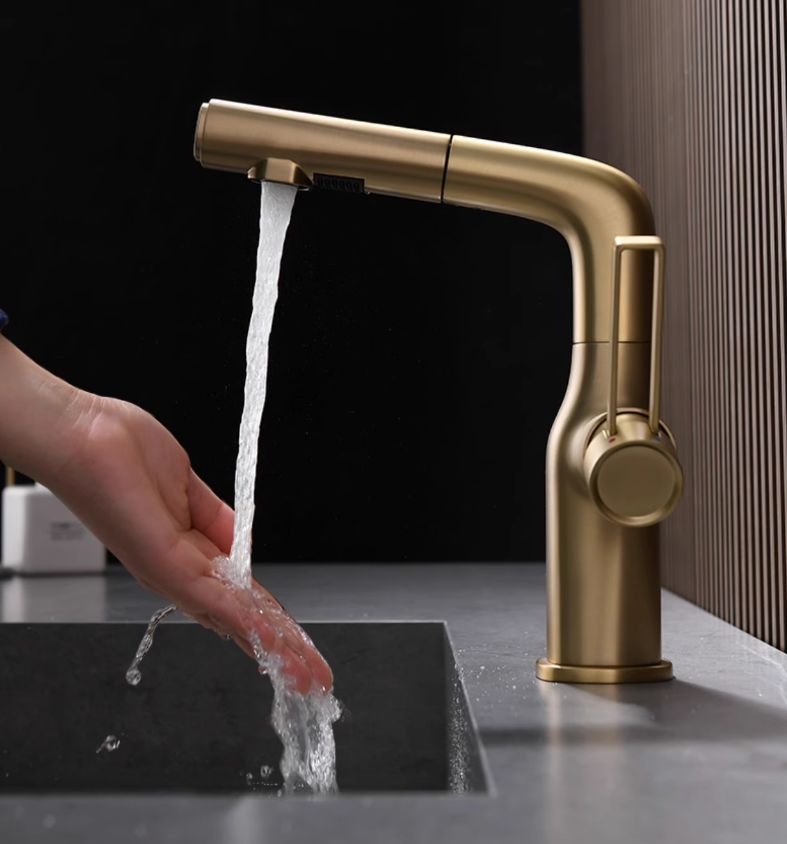 Pull Out Bathroom Basin Mixer Faucet Lavatory Brass Brushed Gold