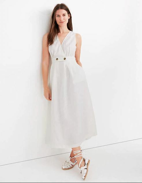 New Madewell Off White Linen Button Waist Sleeveless V-neck Wrap Midi Dress  2 | eBay