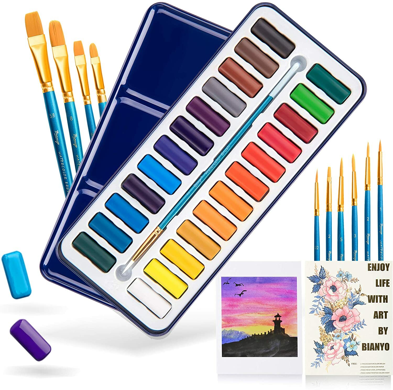 Bianyo Watercolor Paint Set with 24 Colors &10 Watercolor Brushes Gift