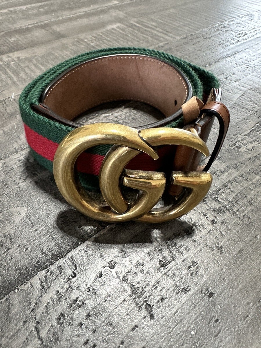 Mens Authentic Gucci Web Belt Striped Fabric Gold GG Size 36-38