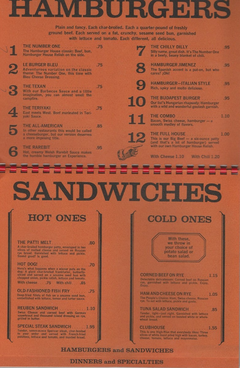 Vintage HAMBURGER HOUSE Restaurant Menu 1966 | eBay