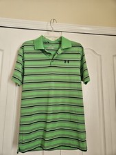 Under Armour Men's Loose HeatGear Stretch Green Stripe Golf Polo Shirt Sz Small