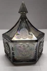 VINTAGE IRIDESCENT CARNIVAL GLASS TRINKET BOX LIDDED JAR EAGLE & LONE STAR