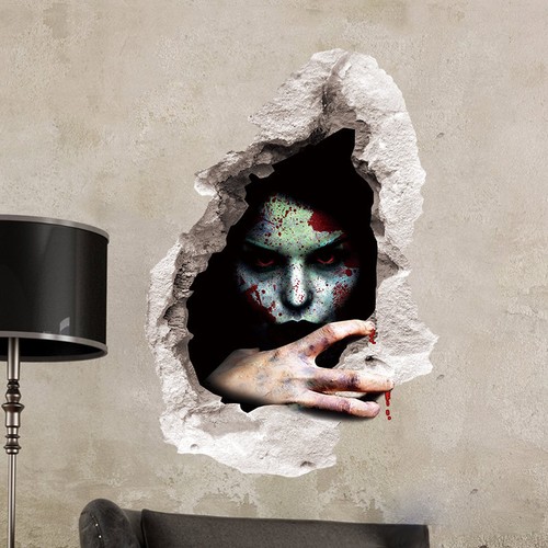 Halloween 3D Ansicht Gruselig Blutig Gebrochen Wand Geist Wandaufkleber Wohndeko 60x45cm - Bild 1 von 4