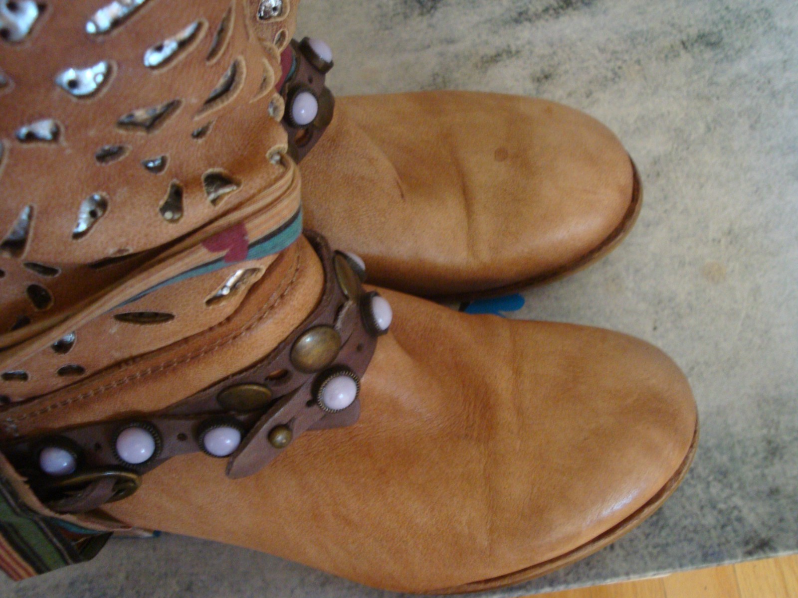 FELMINI TAN LASER CUT LEATHR METALLIC SILVER WRAP STRIP BOHO HI BOOTS 38 USA 7.5