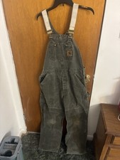 Vintage Carhartt Duck Bib Overalls Gray Coveralls Double Knee USA MadeDistressed