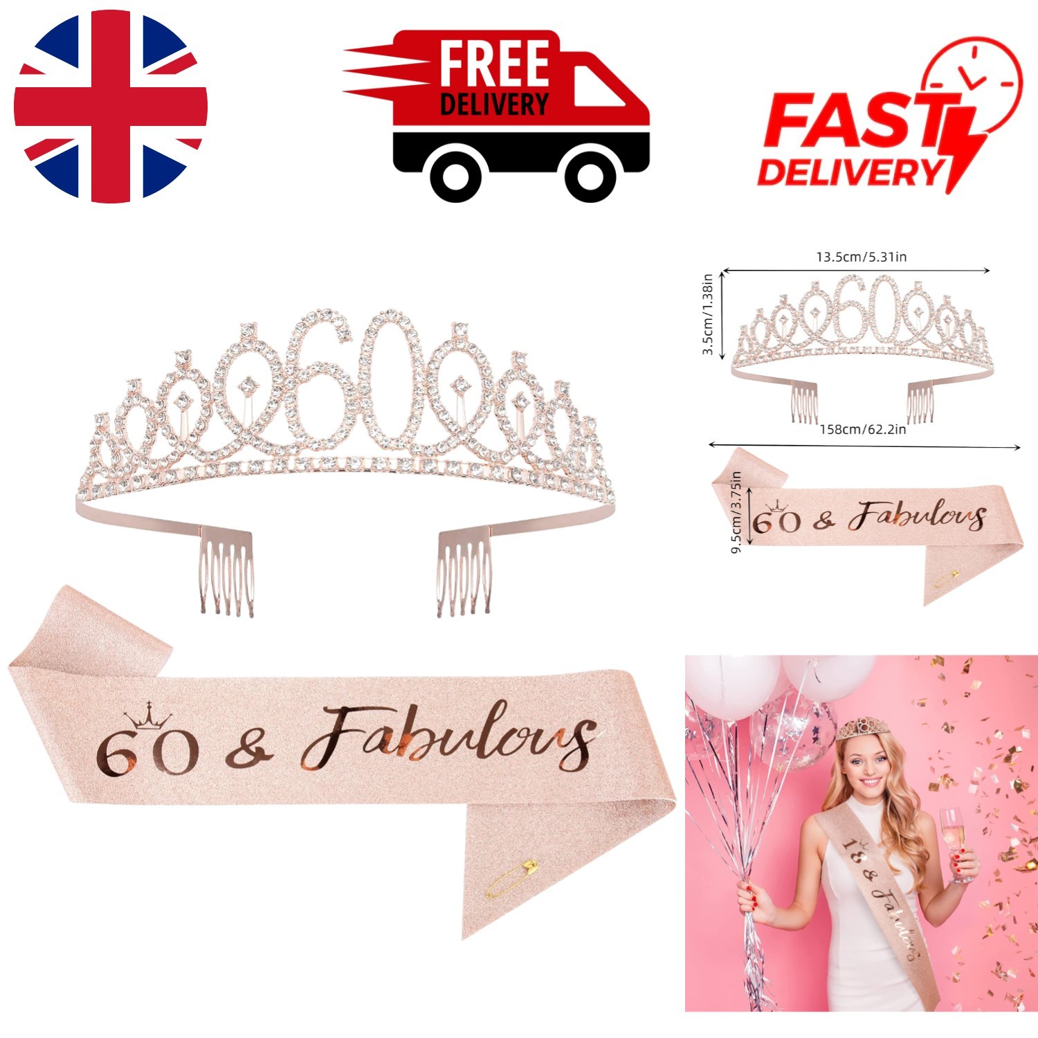 Elegant Rose Gold 60th Birthday Sash & Tiara Set - Dazzling Party Accessories