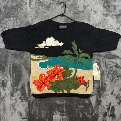 Carole Little Sweater Womens Small Tropical Hibiscus Hand Knit Short Sleeve