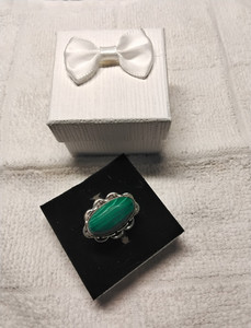 Handmade Malachite Ring. Set In Rhodium-Plated Mounting.  Size 8.25
