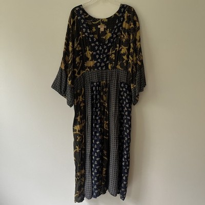 April Cornell Patchwork Kimono Dress Large Boho Lagenlook Cottagecore Flowy FLAW