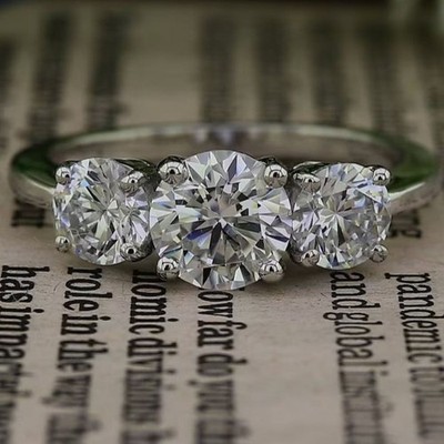 3.20TCW Round Cut D Moissanite Three Stone Wedding Ring in 14k White Gold Plated