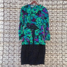 Vintage 90s Adrianna Papell 100% silk dress neon green floral Size 8