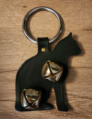 8.5'' Black Leather New England Cat Brass Jingle Chime Bells Door Knob Hanger  