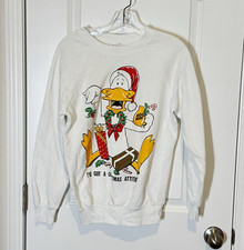 Vintage Christmas Duck Sweatshirt Men’s M White Ugly Holiday Egg Nog Made in USA