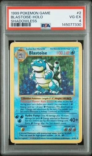 1999 POKEMON GAME SHADOWLESS #2 BLASTOISE-HOLO PSA 4
