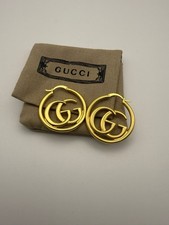 Gucci Gold Tone Double G Logo Hoop Earrings Large Statement Earrings& Packaging