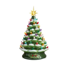 15" Green Flocked Ceramic Christmas Tree, Pre-Lit Hand-Painted Decor with Lights