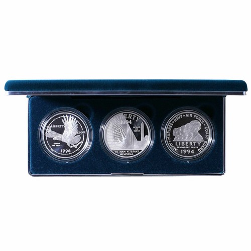 1994-P US VETERANS COMMEMORATIVE 3-COIN SILVER DOLLAR PROOF SET~BOX AND COA INCL - Picture 2 of 7