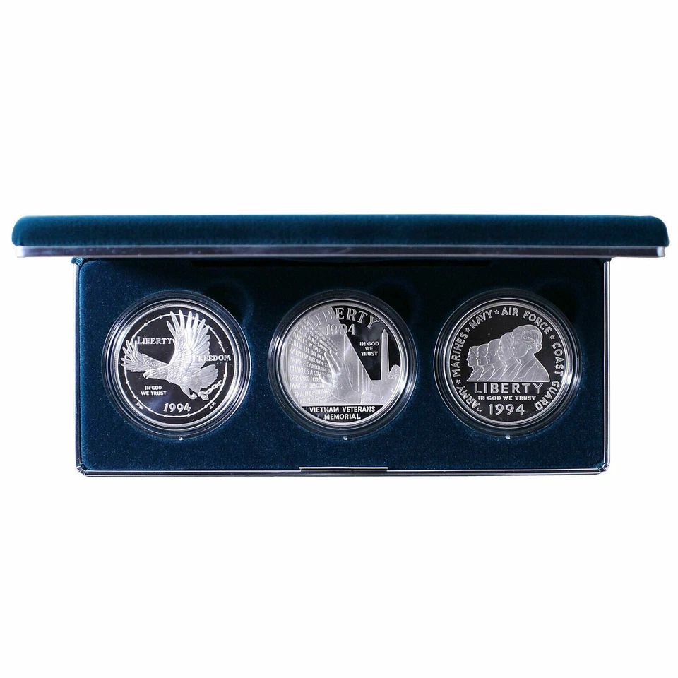 1994-P US VETERANS COMMEMORATIVE 3-COIN SILVER DOLLAR PROOF SET~BOX AND COA INCL - Image 2 of 4