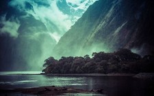 Landscape mist forest trees mountains nature fjord snowy Custom Gaming Mat Desk