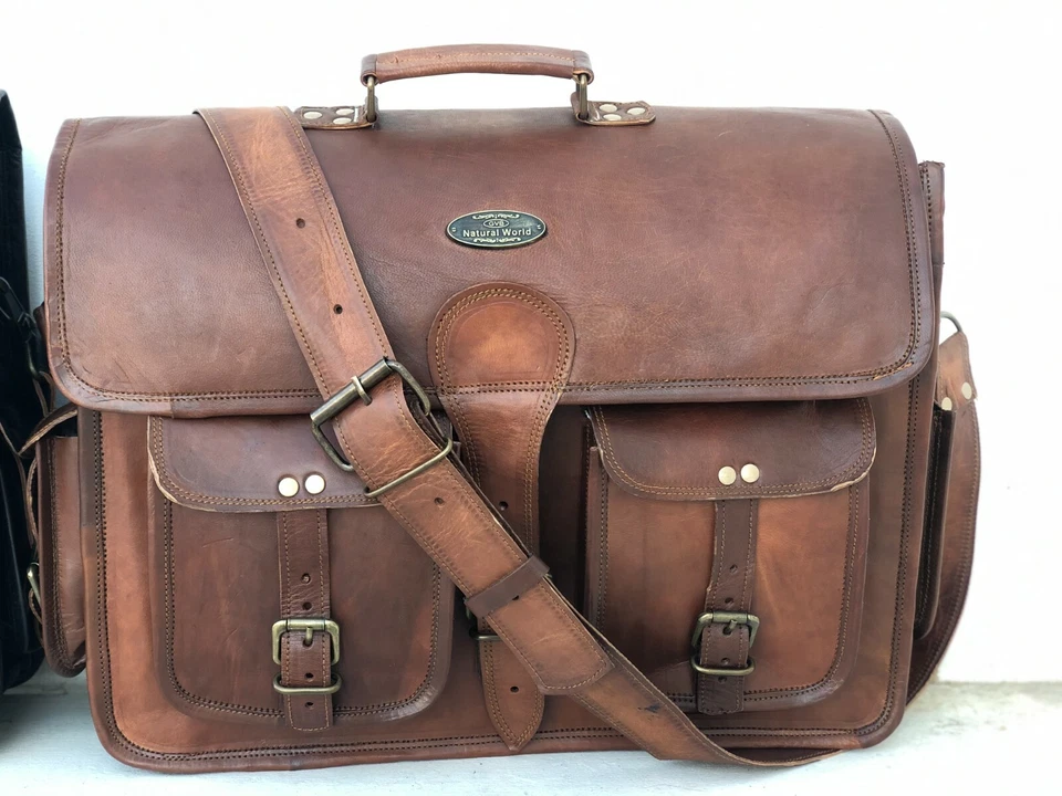 Maletín de hombro de cuero marrón negro vintage para hombre Foto 3 de 4