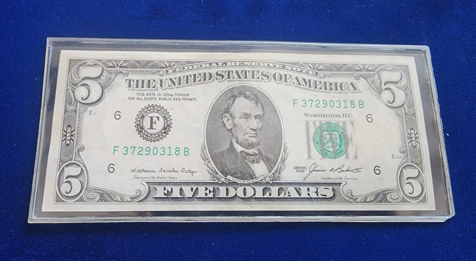 ERROR 1985 $5 Five Dollar Federal Reserve Note  MAJOR INK SMEAR - Image 2 of 2