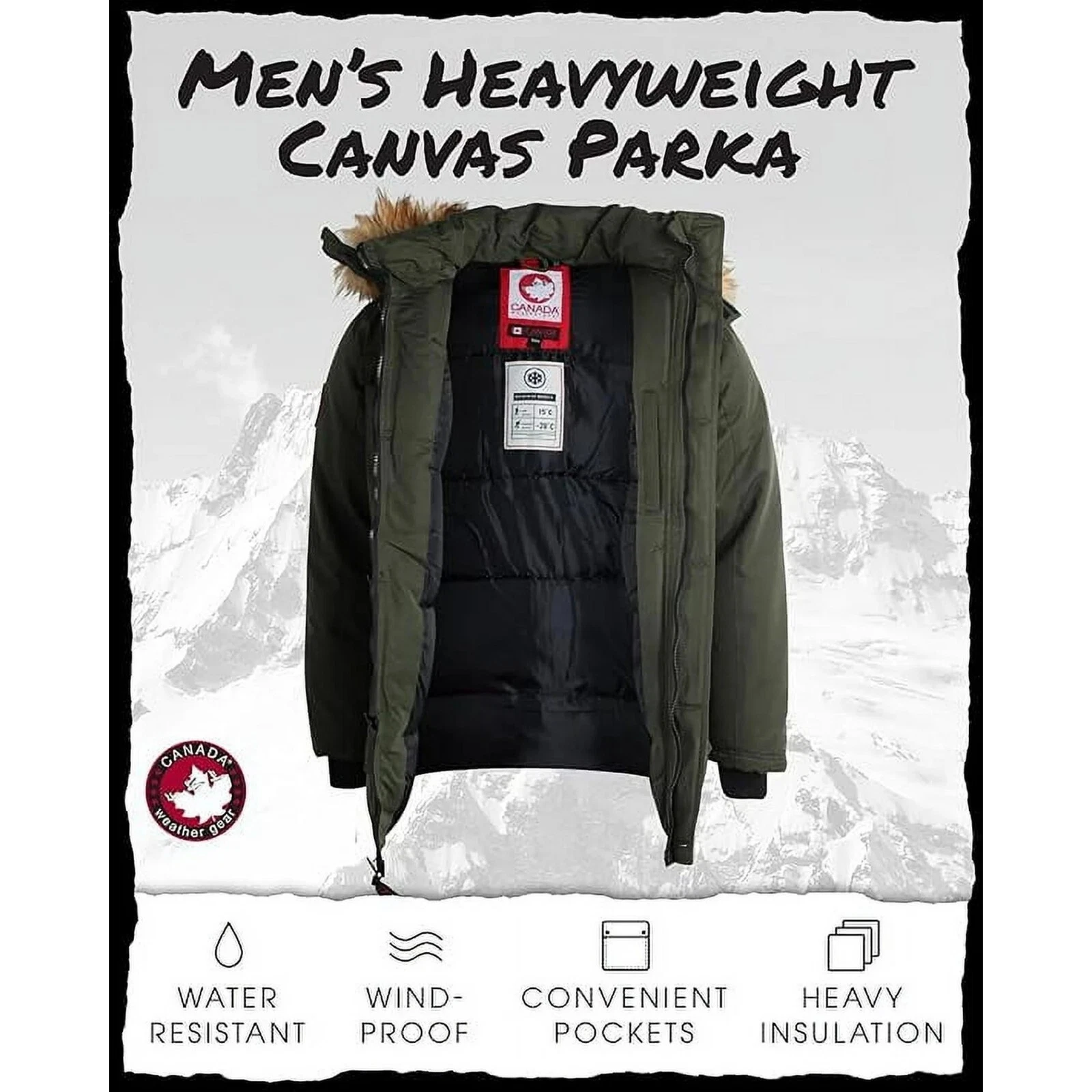 CANADA GOOSE Parka uomo Canada Weather Gear tela pesante tripla oca oliva con cappuccio NUOVO XL