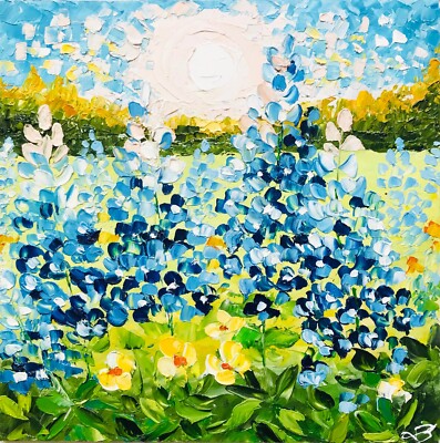 Bluebonnet Painting Texas Art Wildflower Floral Art Small Oil Paintting 8 x 8''