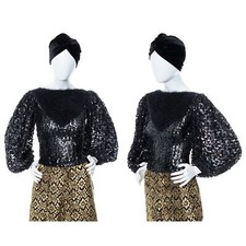 Vintage 1970s 1980s Blouse 70s 80s Black Sequin Knit Angora Disco Party Top