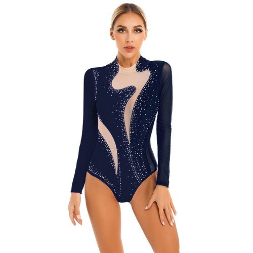 Womens Gymnastics Jumpsuit Mesh Dance Bodysuit Long Sleeve Dance Leotard Sheer - Bild 13 von 29