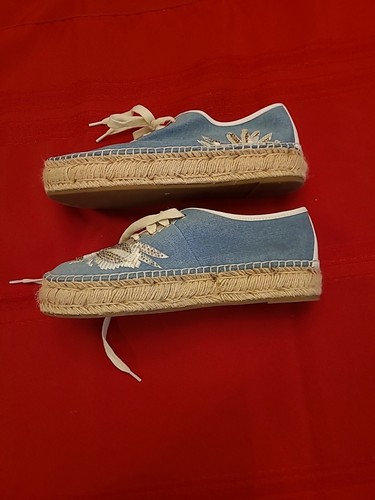 Nine West Womens Denim Cream Embroidered Beaded Espadrille Sneakers 71/2M - Picture 8 of 9