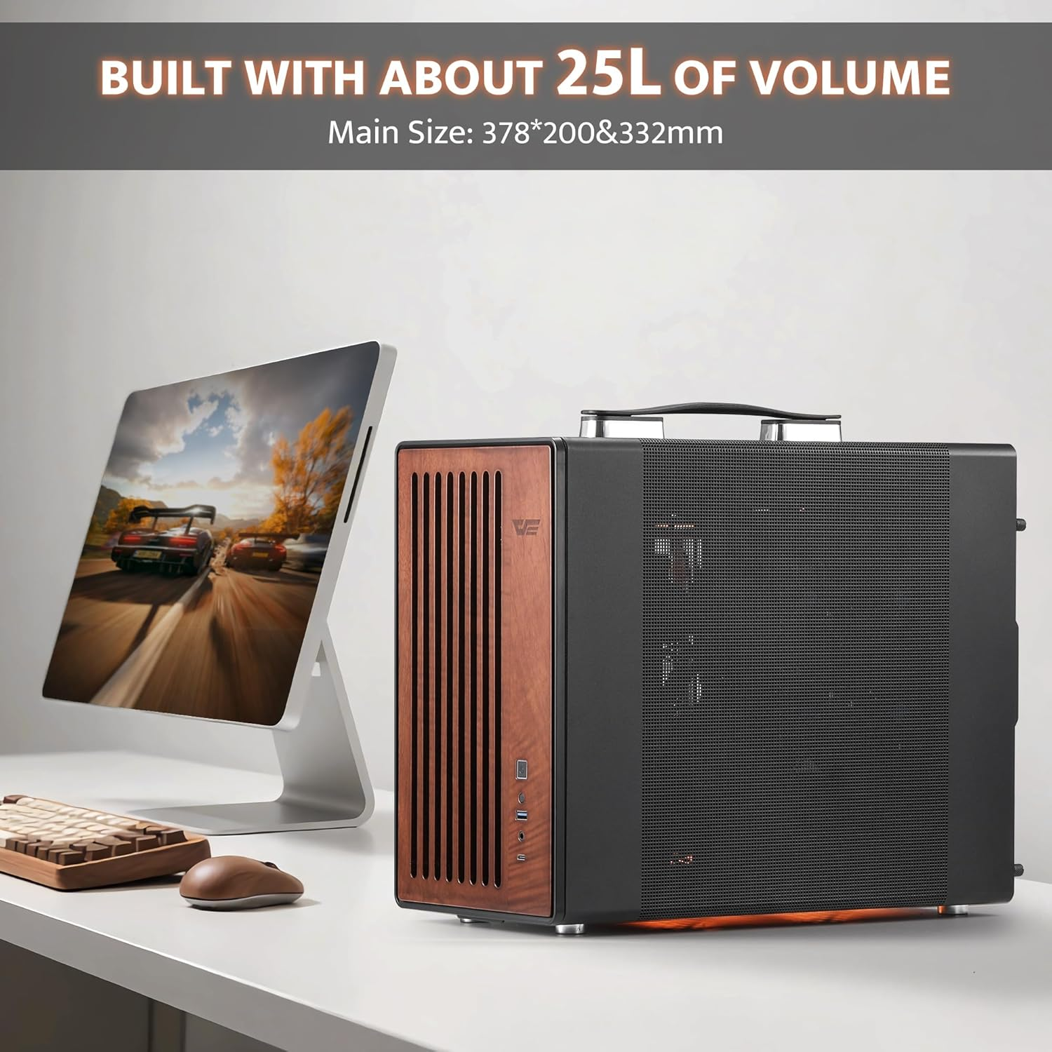Micro ATX PC Case Walnut Mesh 26L Handle 240mm AIO 335mm GPU USB-C ARGB ...