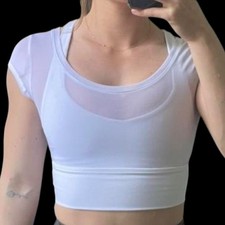 EUC LORNA JANE White Mesh Crop Top With Built In Sports Bra Size Small