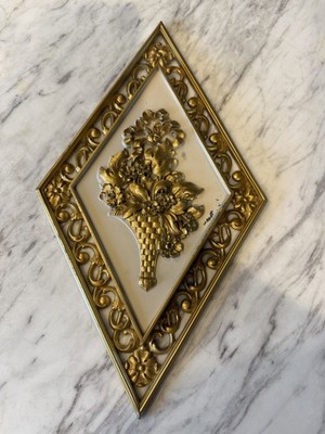Vintage Mid-Century Syroco Diamond Gold Floral Design Plastic Wall Art 14 x 8 