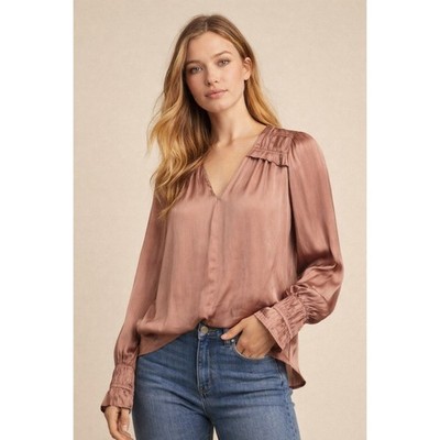 Current Air Satin Blouse Womens S Mauve Pleated V Neck Romantic Long Sleeve Top