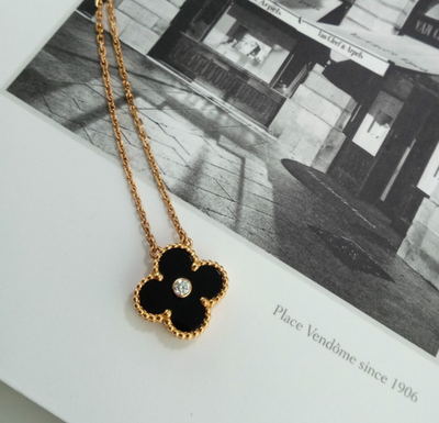 VAN CLEEF & ARPELS BLACK ONYX DIAMOND ALHAMBRA NECKLACE 18K ROSE