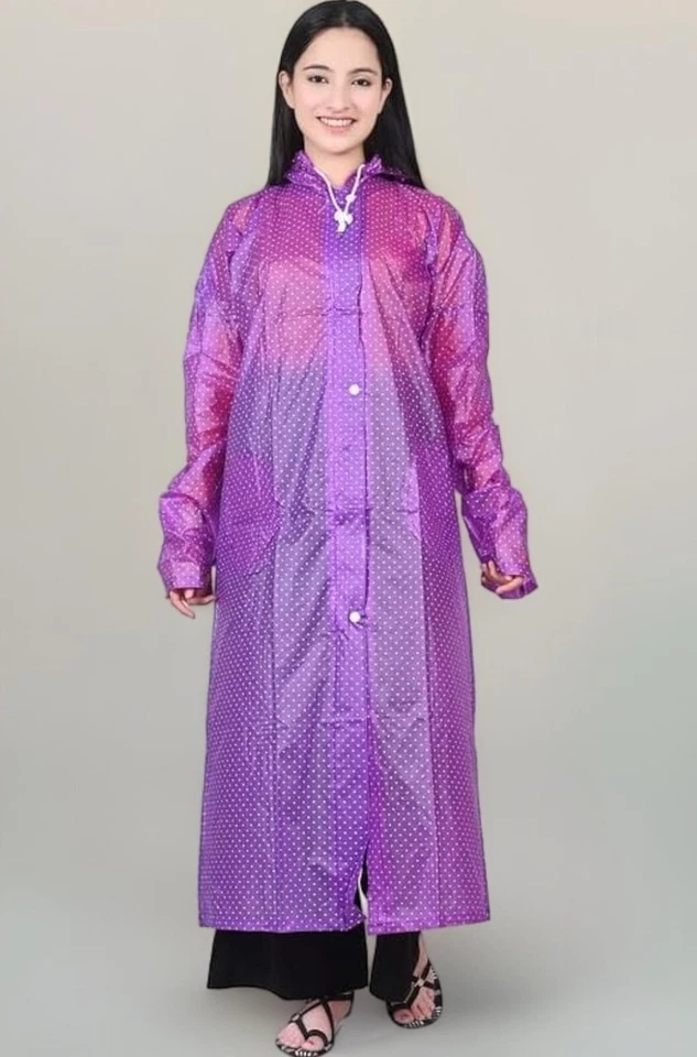 Women Polka Dot Purple Raincoat Hooded Waterproof Jacket L Size Lightweight 2pcs - Image 2 of 4
