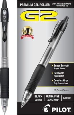 Pilot, G2 Premium Gel Roller Pens, Ultra Fine Point Gel Pens 0.38 Mm, Pack of 12