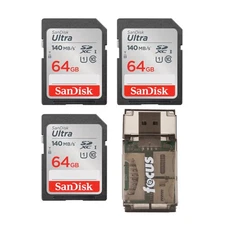 SanDisk 64GB 140 MBs SDXC Memory Card 3 Pack All In One Card Reader ELITE