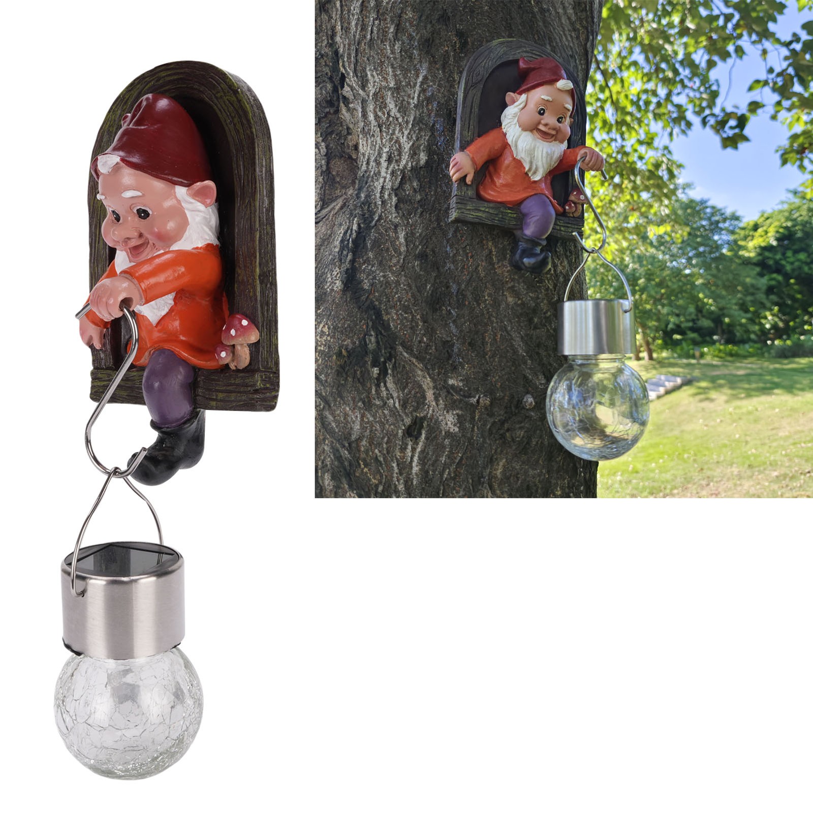 ✿ Gnome Tree Hugger Statue With Solar Light Cute Resin Gnome Figurine Garden